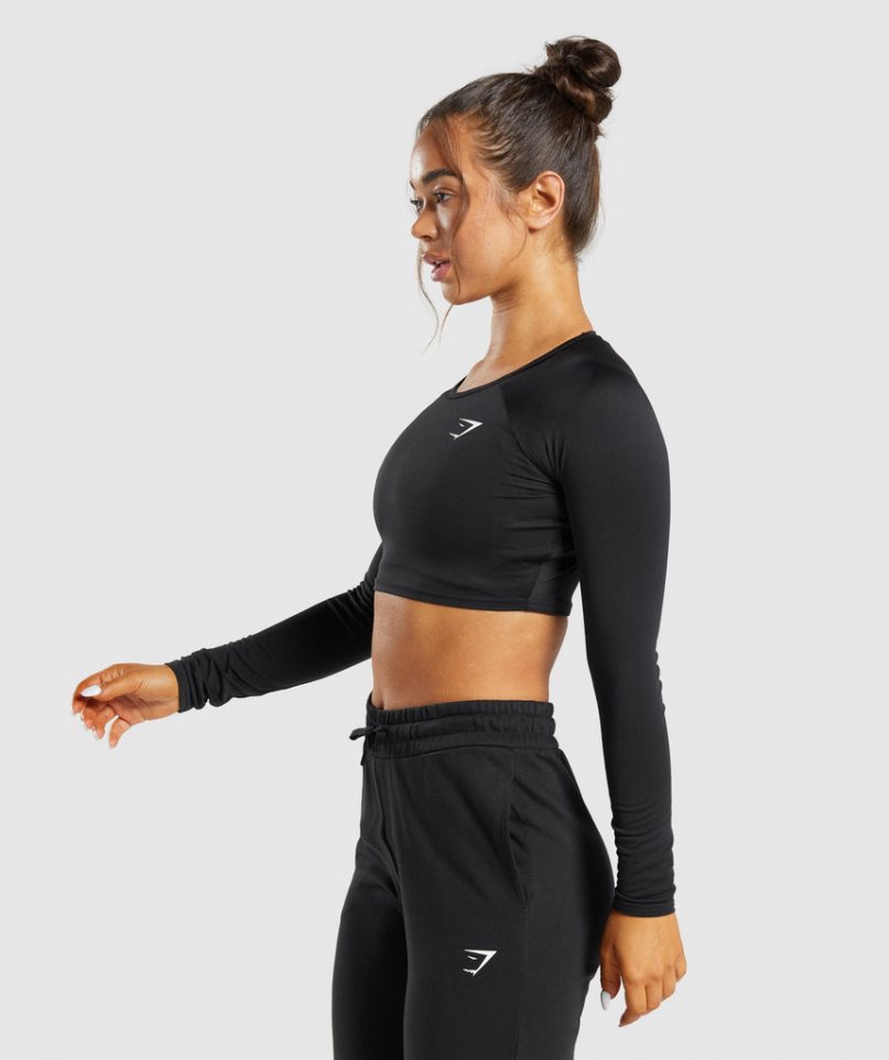 Przycięte Topy Gymshark Treningowe Long Sleeve Damskie Czarne | PL 078FZA